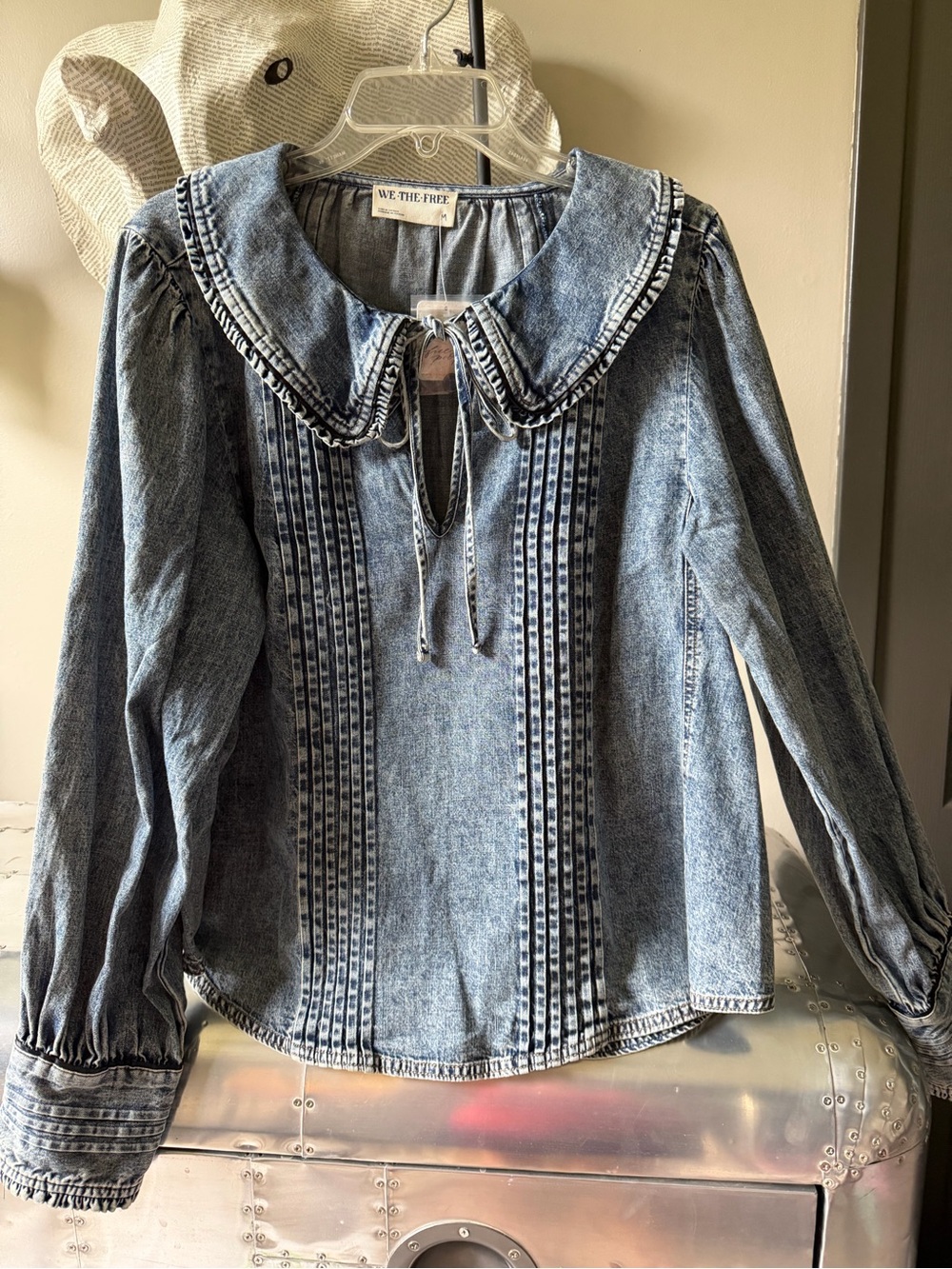 Free People, We The Free Light Blue Washed Denim Top with Peter Pan Collar